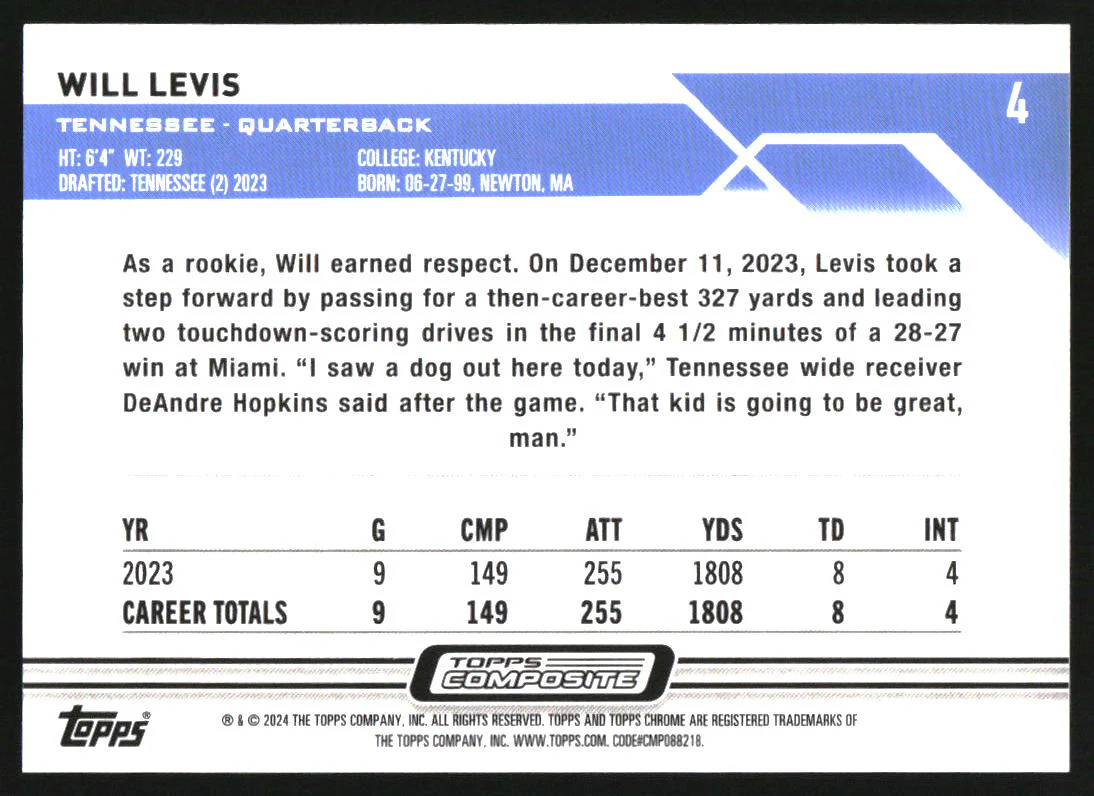 2023 Topps Composite Chrome Blue Refractors #4 Will Levis RC Rookie /150 - Image 2