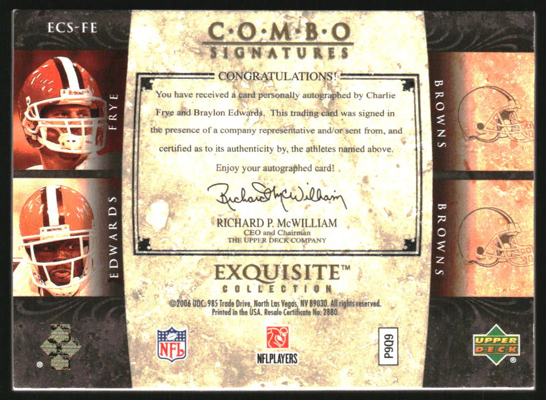 2006 Exquisite Collection Signature Dual Auto Charlie Frye Braylon Edwards /20 - Image 2