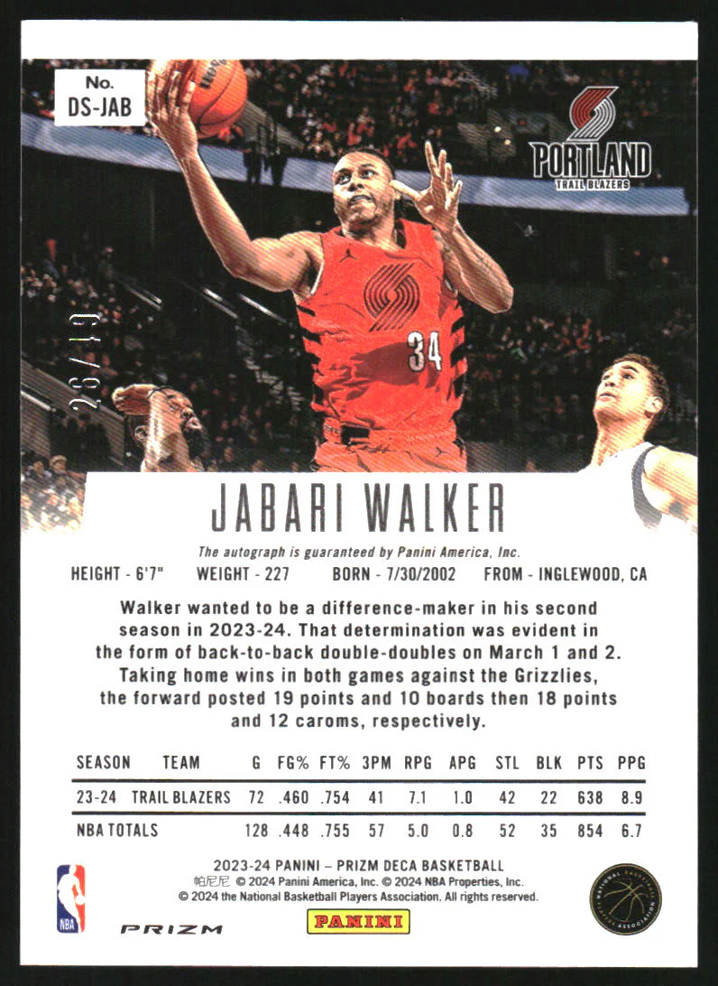 2023-24 Panini Prizm Deca Signatures Prizms Blue Jabari Walker Auto /49 - Image 2