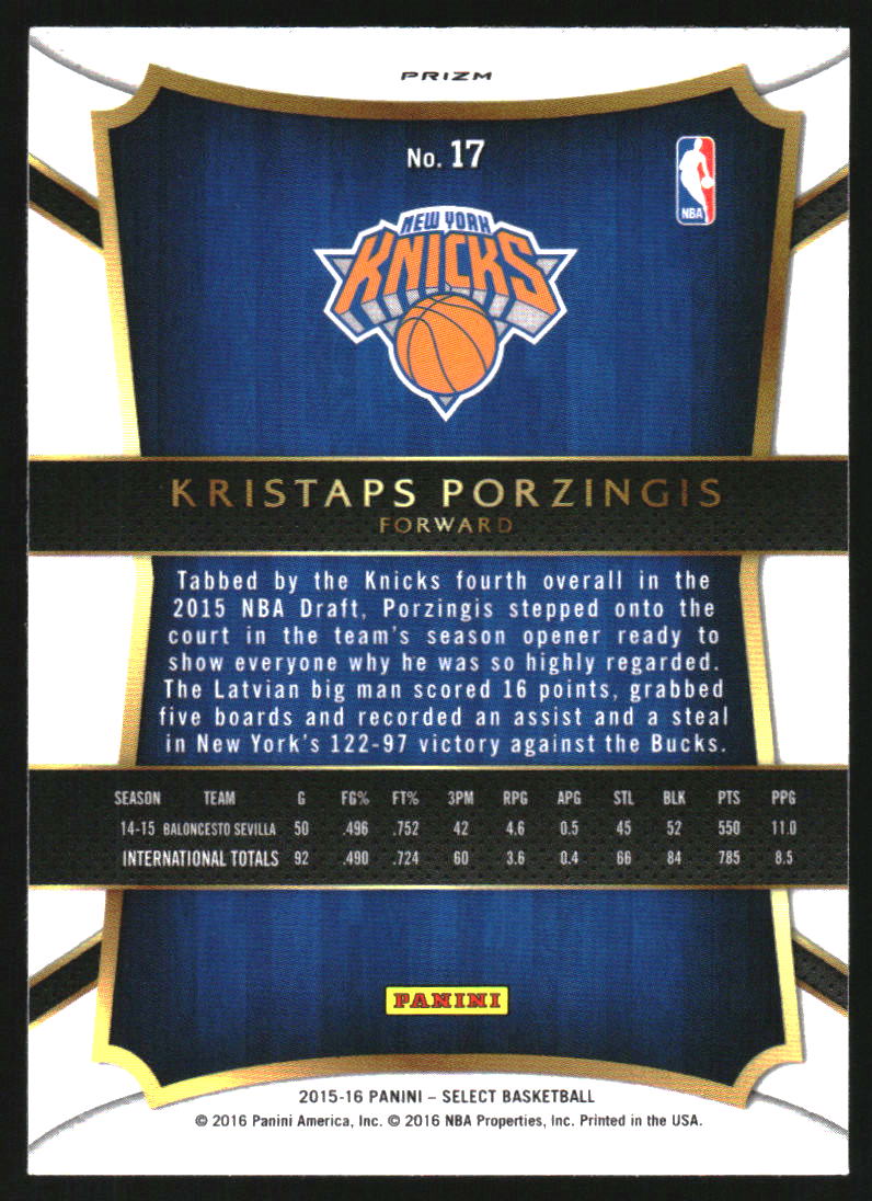 2015-16 Select Prizms Silver #17 Kristaps Porzingis RC Rookie - Image 2
