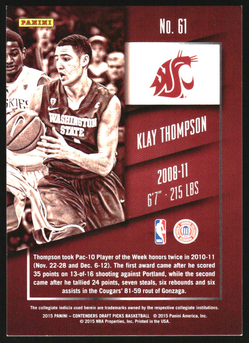 2015-16 Panini Contenders Draft Picks Cracked Ice Ticket #61 Klay Thompson /23 - Image 2