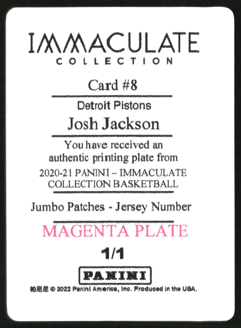 2020 Immaculate Collection Printing Plate Magenta Josh Jackson 1/1 - Image 2