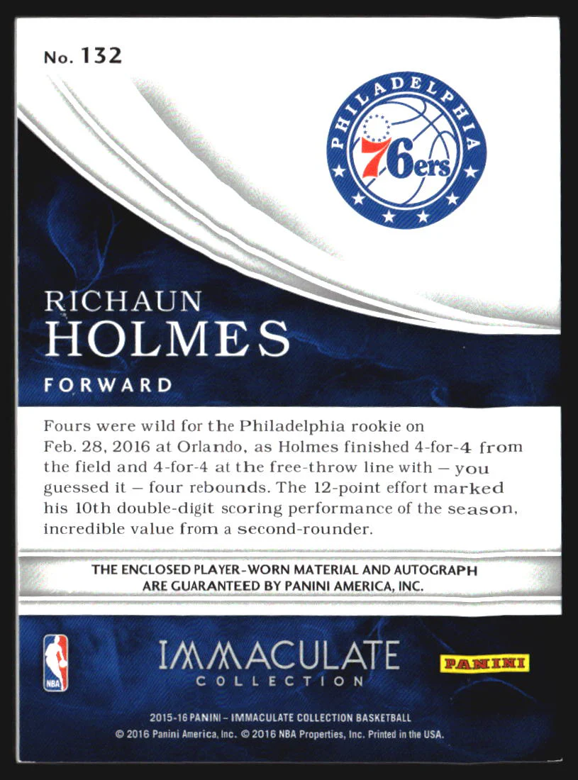 2015 Immaculate Collection Rookie Patch Auto Jersey Number Richaun Holmes RC /22 - Image 2
