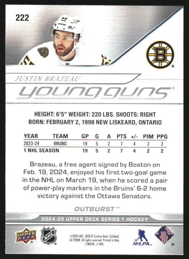 2024-25 Upper Deck Outburst Silver #222 Justin Brazeau Young Guns RC Rookie - Image 2