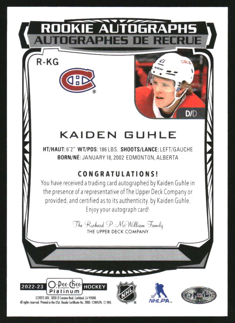 2022-23 O-Pee-Chee Platinum Rookie Autographs #RKG Kaiden Guhle RC Auto - Image 2