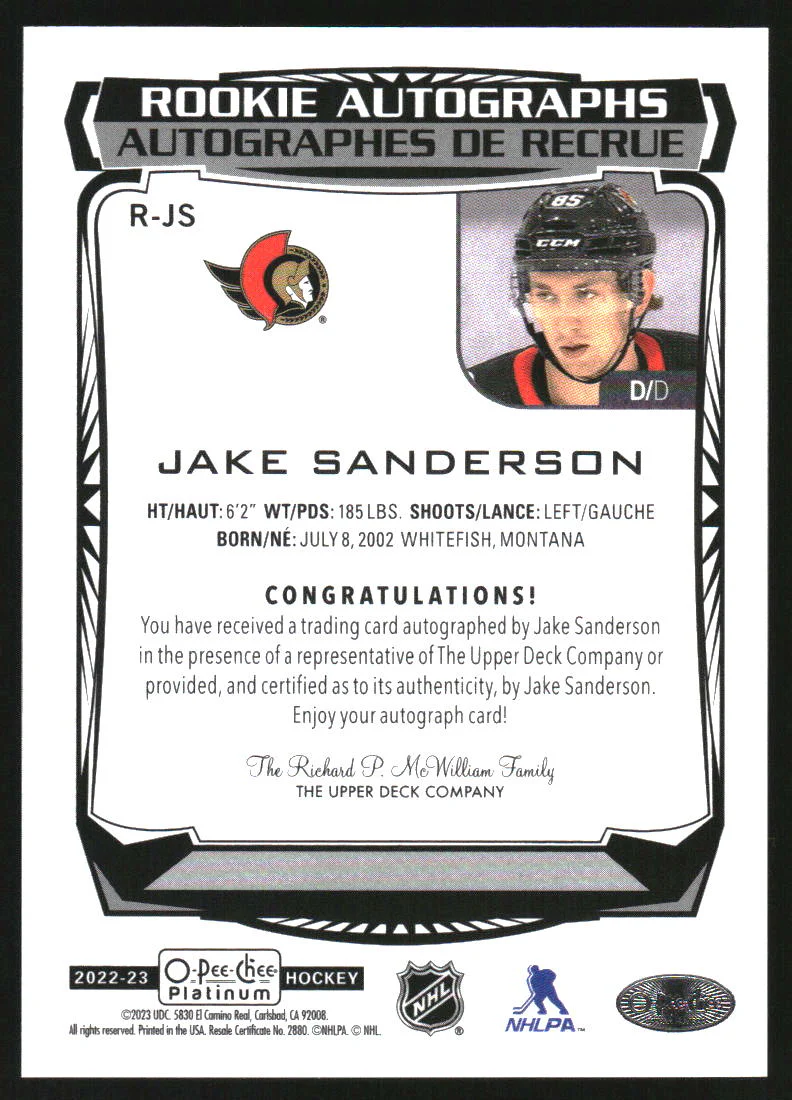 2022-23 O-Pee-Chee Platinum Rookie Autograph Jake Sanderson RC Auto - Image 2