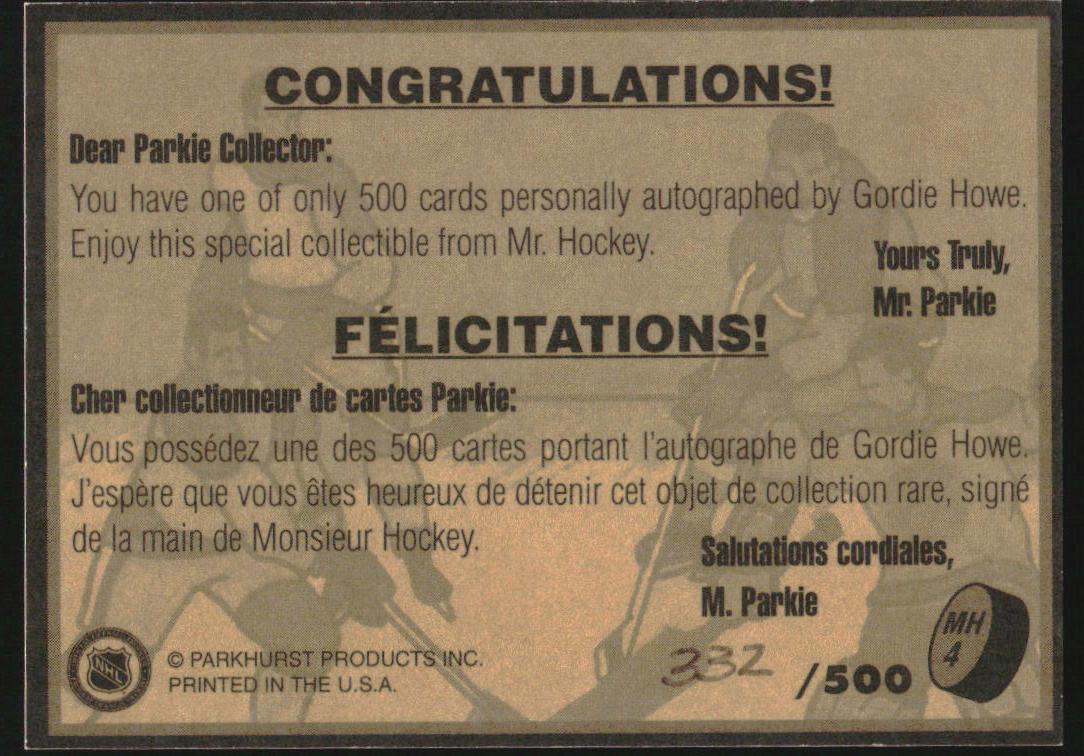 1995-96 Parkhurst '66-67 Gordie Howe Mr. Hockey Auto #MH4 Gordie Howe /500 - Image 2