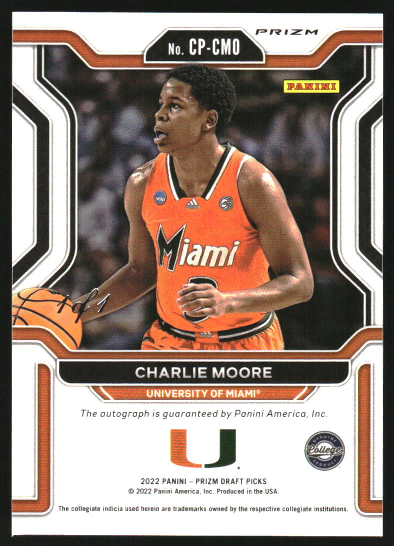 2022-23 Panini Prizm Draft College Penmanship Prizm Black Charlie Moore Auto 1/1 - Image 2