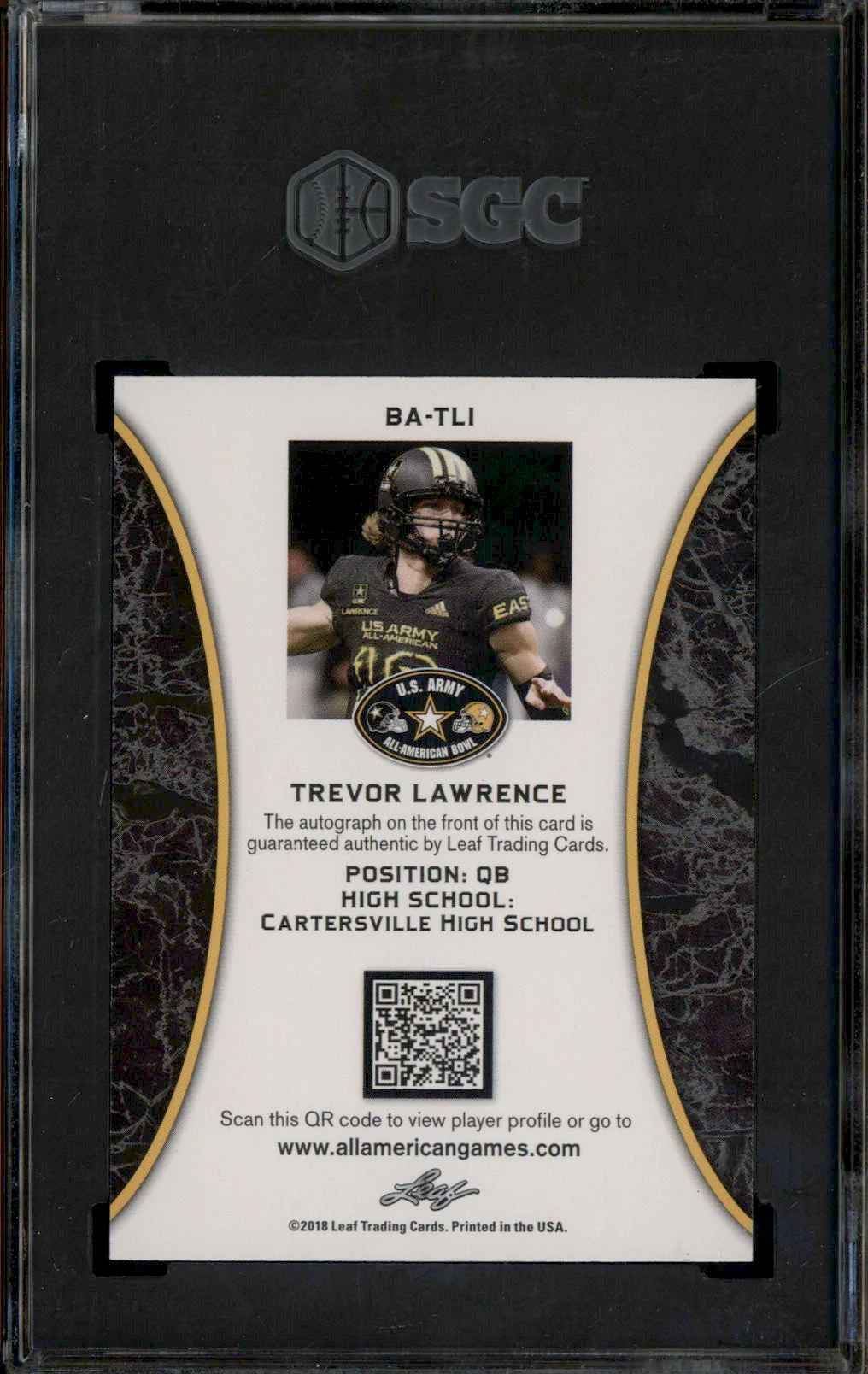 2018 Leaf Army All American Bowl Auto Gold Trevor Lawrence /10 SGC 9.5 - Image 2