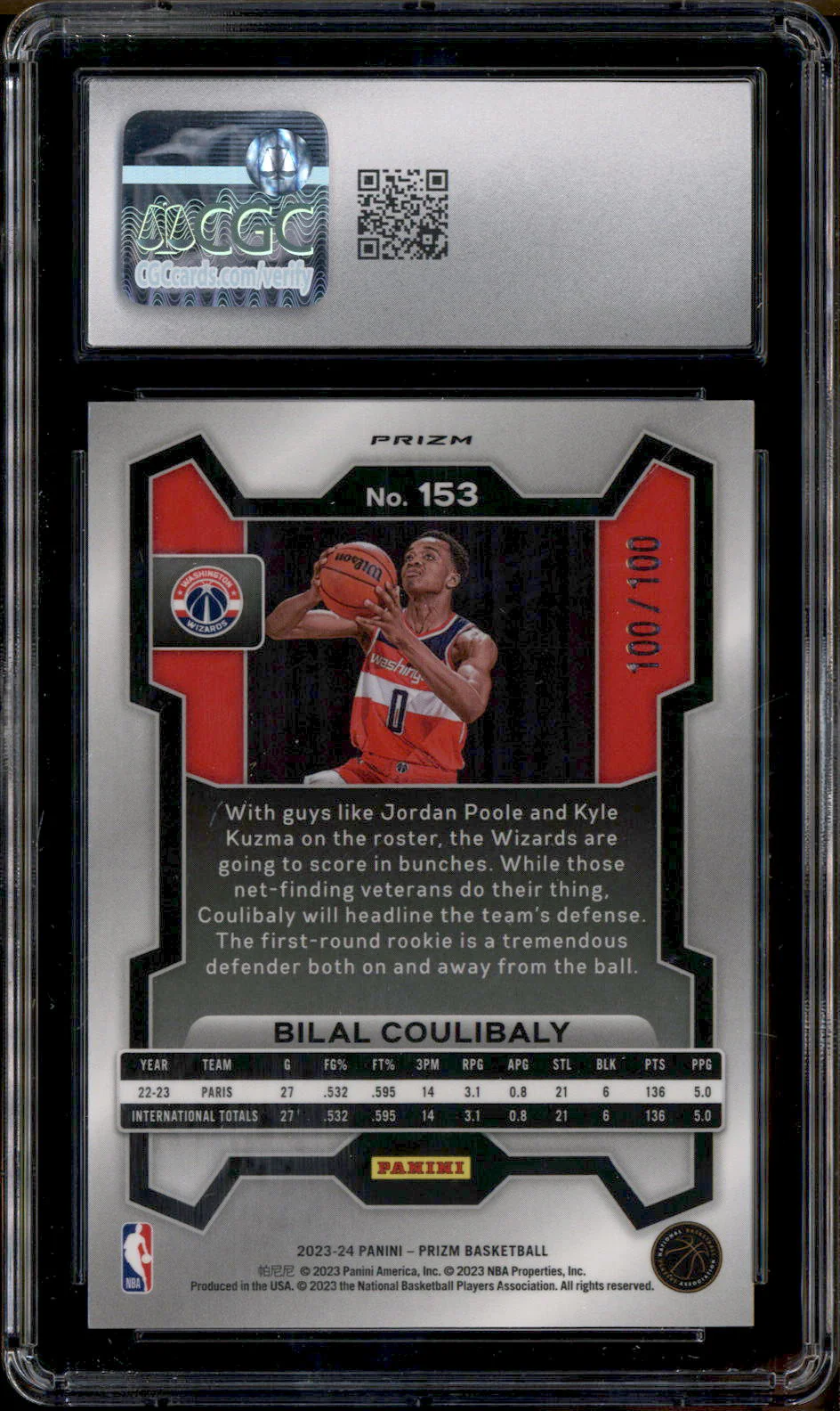 2023 Panini Prizm Fast Break Red #153 Bilal Coulibaly RC Rookie /100 CGC 10 - Image 2