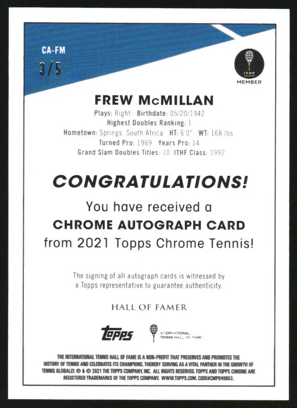 2021 Topps Chrome Tennis Autographs Red Refractors #CAFM Frew McMillan Auto /5 - Image 2