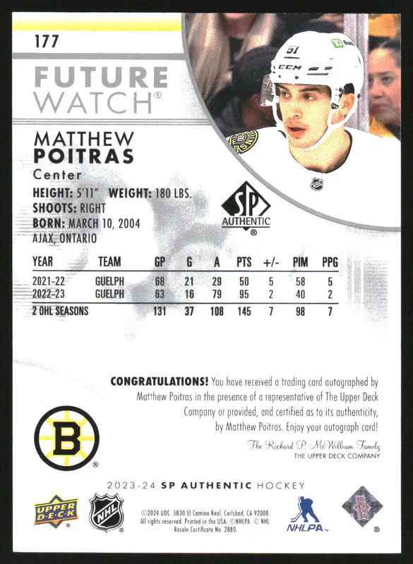 2023-24 SP Authentic #177 Matthew Poitras Rookie Autograph RC Auto /999 - Image 2