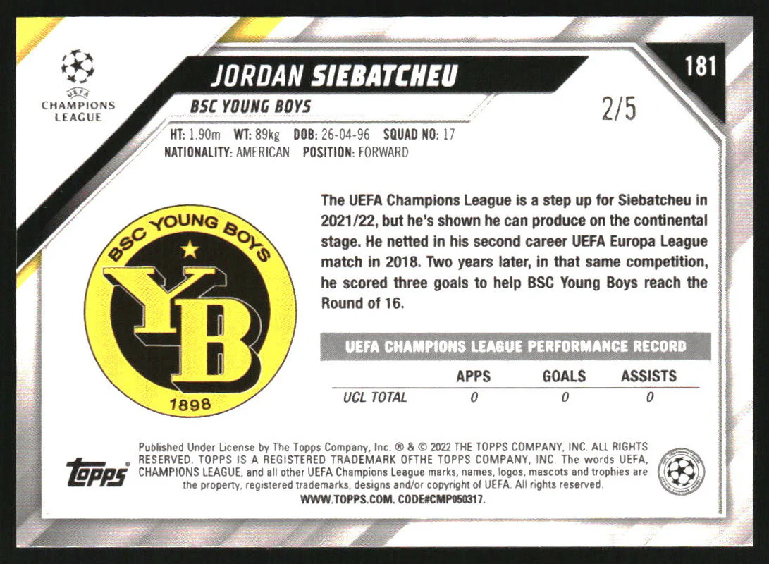 2021-22 Topps Chrome Sapphire UEFA Champions League Red Jordan Siebatcheu RC /5 - Image 2