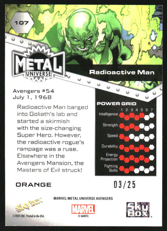 2024 SkyBox Marvel Metal Universe Avengers Orange FX #107 Radioactive Man /25 - Image 2