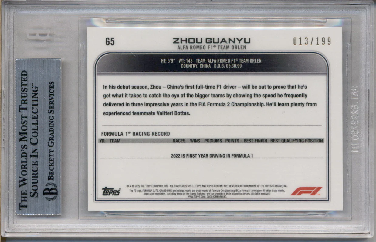 2022 Topps Chrome Sapphire Formula 1 Chartreuse Zhou Guanyu RC /199 BGS 8.5 - Image 2