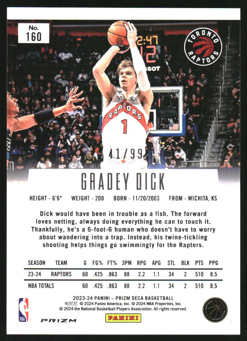 2023-24 Panini Prizm Deca Prizms Purple #160 Gradey Dick RC Rookie /99 - Image 2