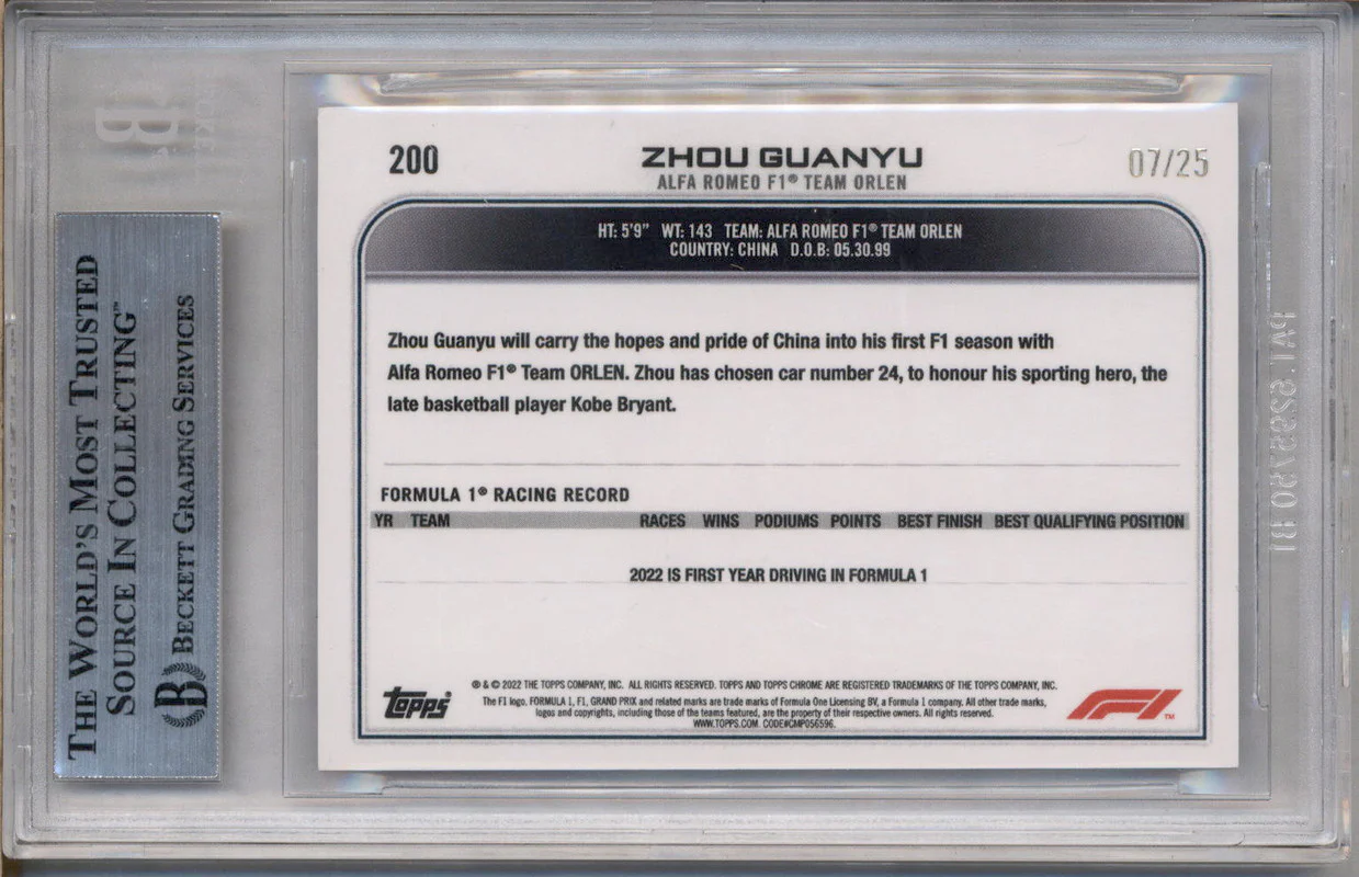 2022 Topps Chrome Formula 1 Orange Checker Flag Zhou Guanyu RC /25 BGS 7 - Image 2
