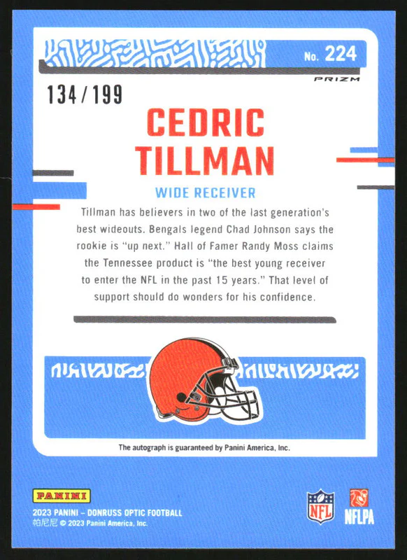 2023 Donruss Optic Rated Rookies Autographs #224 Cedric Tillman RC Auto /199 - Image 2