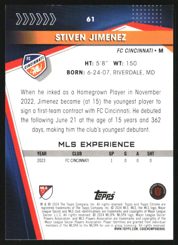 2024 Topps Chrome MLS Orange Sapphire #61 Stiven Jimenez RC Rookie - Image 2