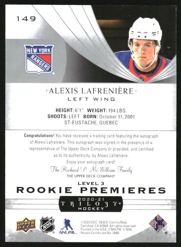 2020-21 Upper Deck Trilogy Silver #149 Alexis Lafreniere RC Auto /25 - Image 2