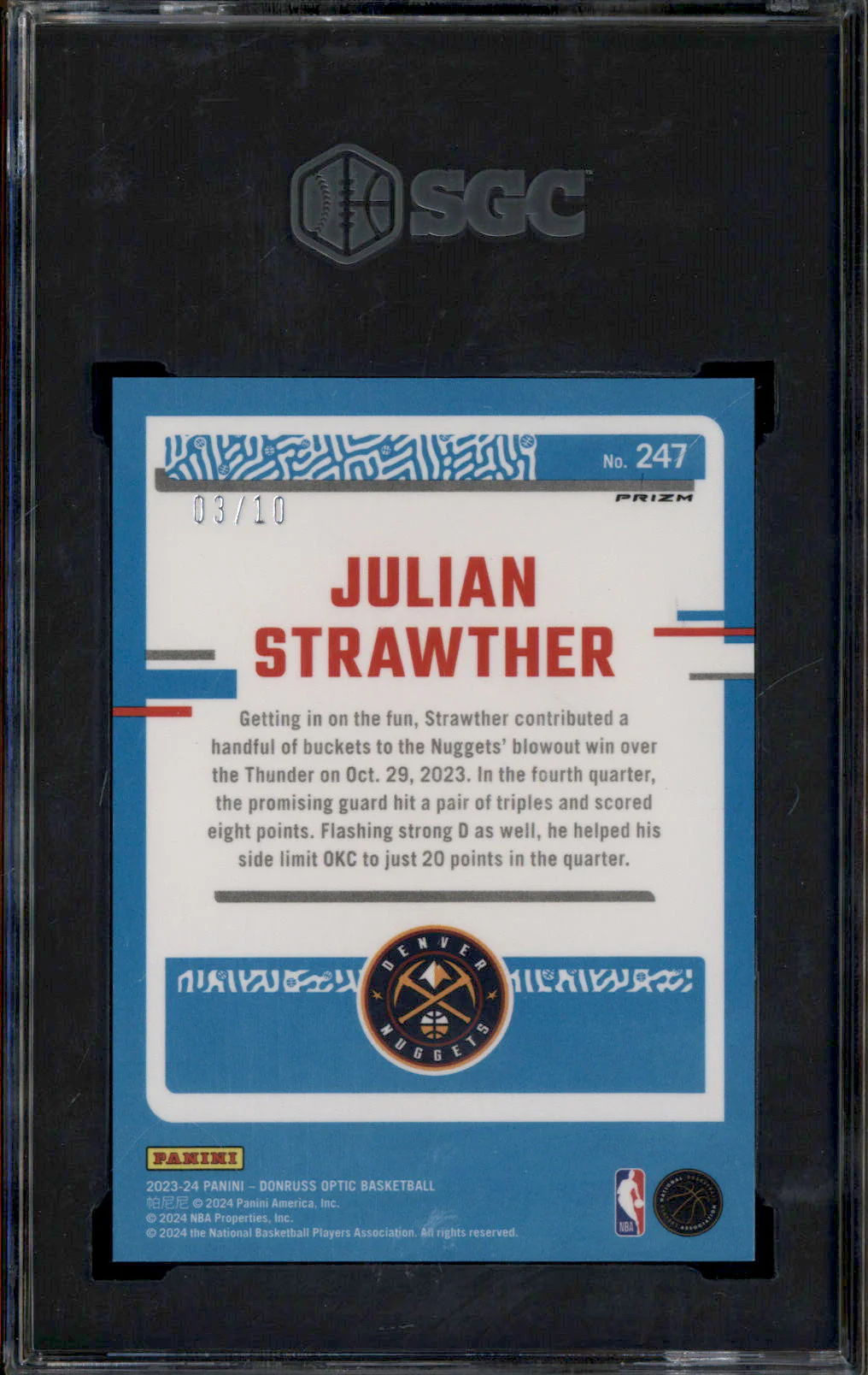 2023 Donruss Optic Gold International Prizm #247 Julian Strawther RC /10 SGC 9 - Image 2
