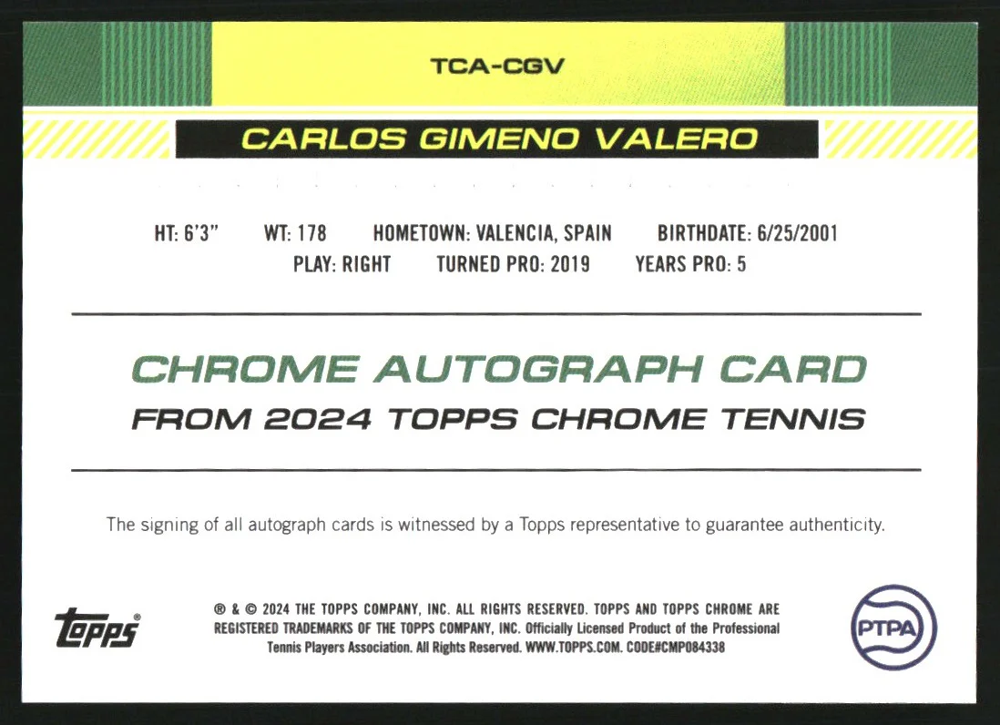 2024 Topps Chrome Tennis Autograph Black Refractor Carlos Gimeno Valero Auto /10 - Image 2
