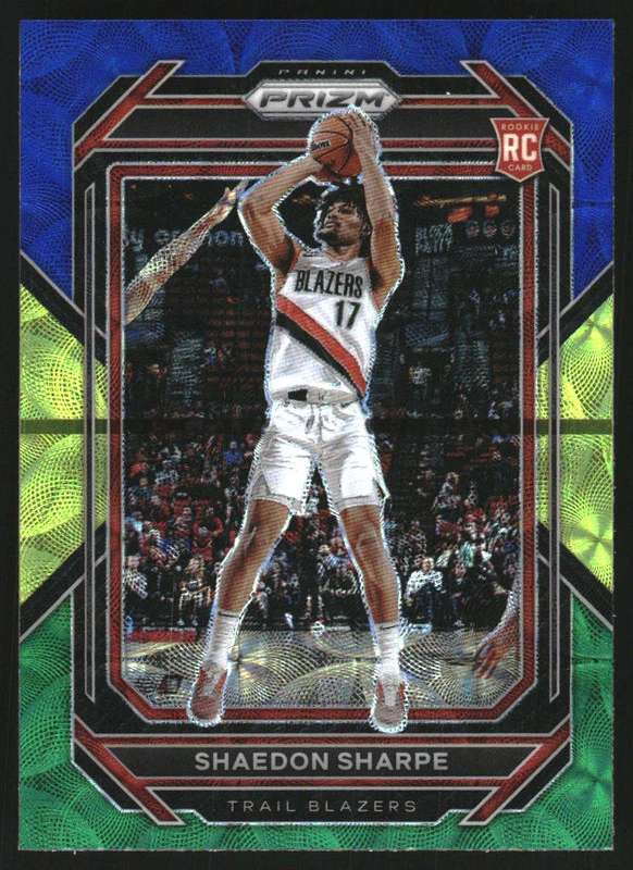 2022-23 Panini Prizm Prizms Choice Blue Yellow and Green #250 Shaedon Sharpe RC