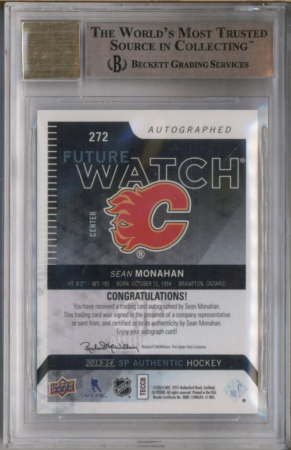 2013-14 SP Authentic #272 Sean Monahan Autograph Auto /999 BGS 9.5 - Image 2