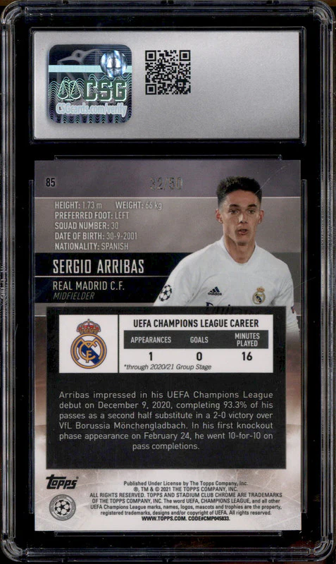 2020 Stadium Club Chrome UCL Gold Refractor #85 Sergio Arribas RC /50 CGC 10 - Image 2
