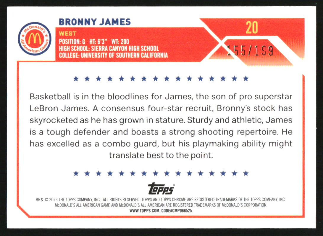 2023 Topps Chrome McDonald's All American Aqua Wave Bronny James /199 - Image 2