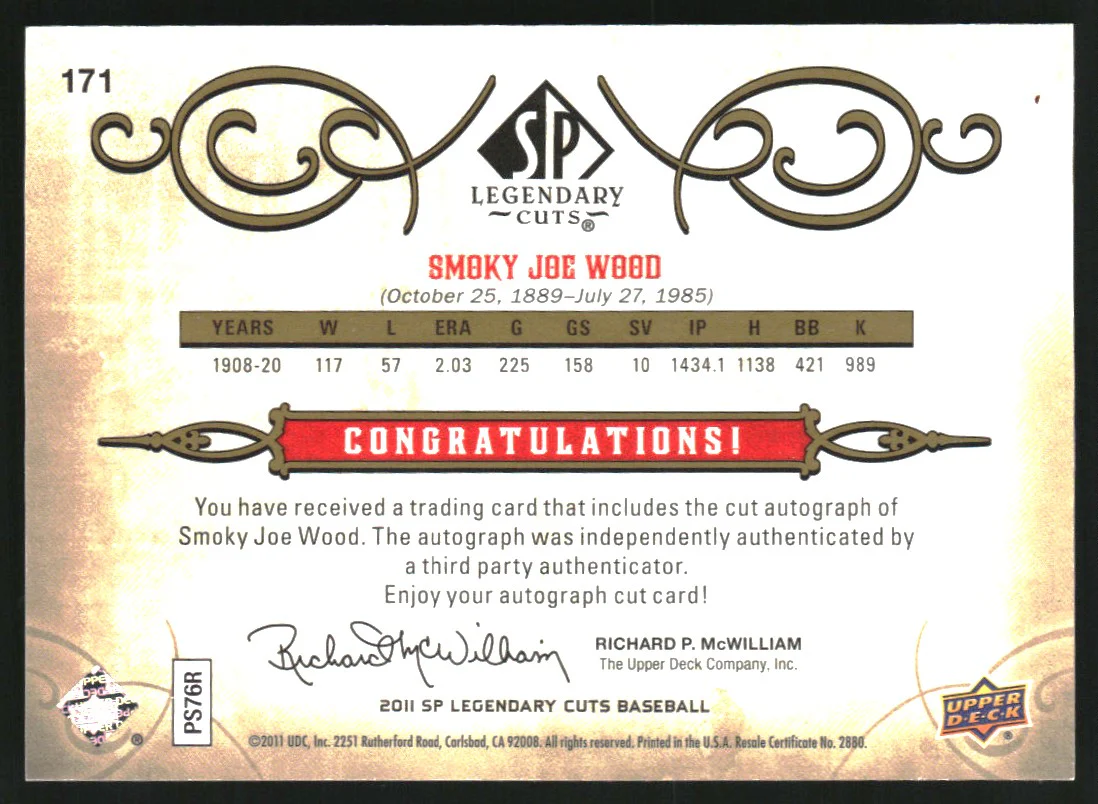 2011 SP Legendary Cuts Legendary Signatures #171 Smoky Joe Wood Auto /13 - Image 2