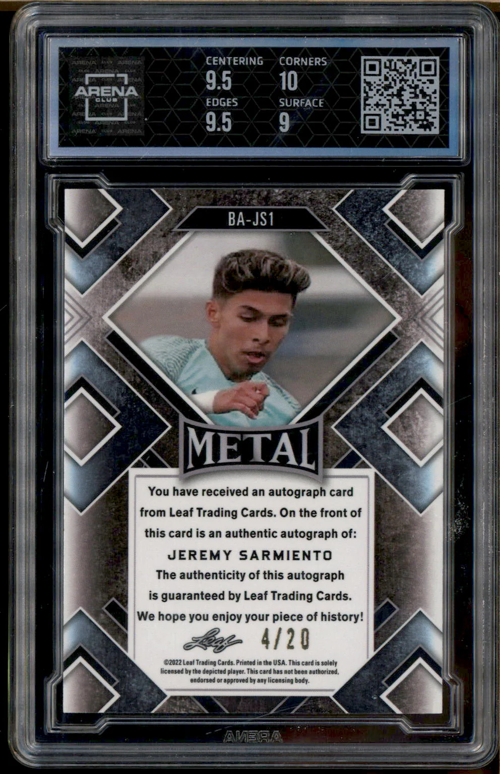 2022 Leaf Metal Rookie Auto Blue Crystal Jeremy Sarmiento RC /20 Arena 9.5 - Image 2