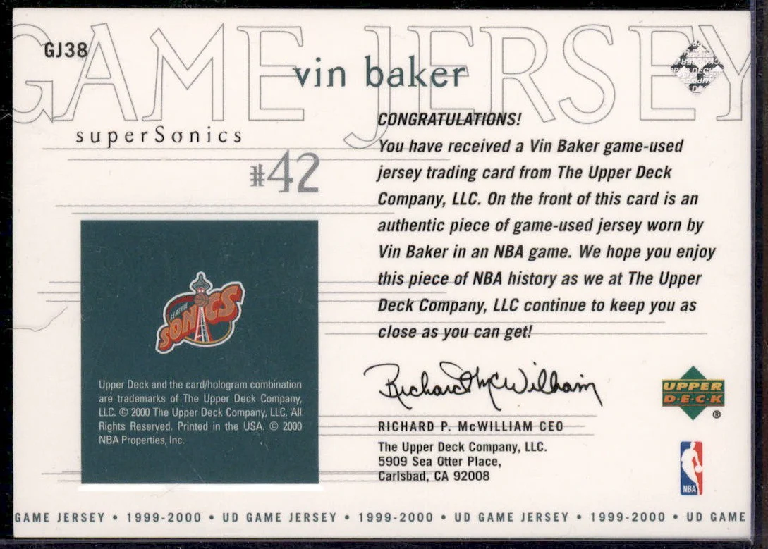 1999-00 Upper Deck Game Jerseys #GJ38 Vin Baker - Image 2