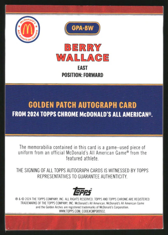 2024 Topps Chrome McDonald's Golden Patch Auto Tie Dye Berry Wallace /25 - Image 2
