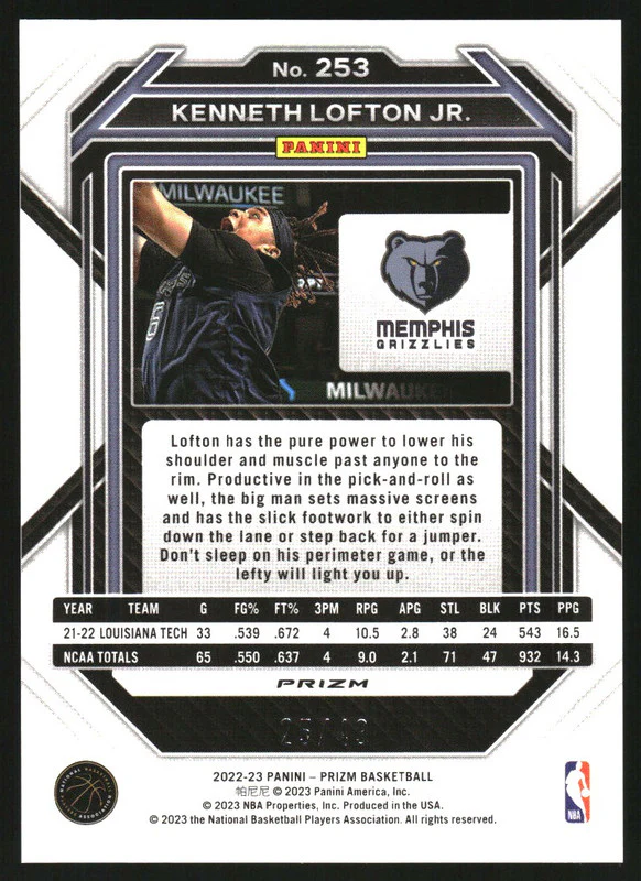 2022-23 Panini Prizm Prizms Choice Blue #253 Kenneth Lofton Jr. RC /49 - Image 2
