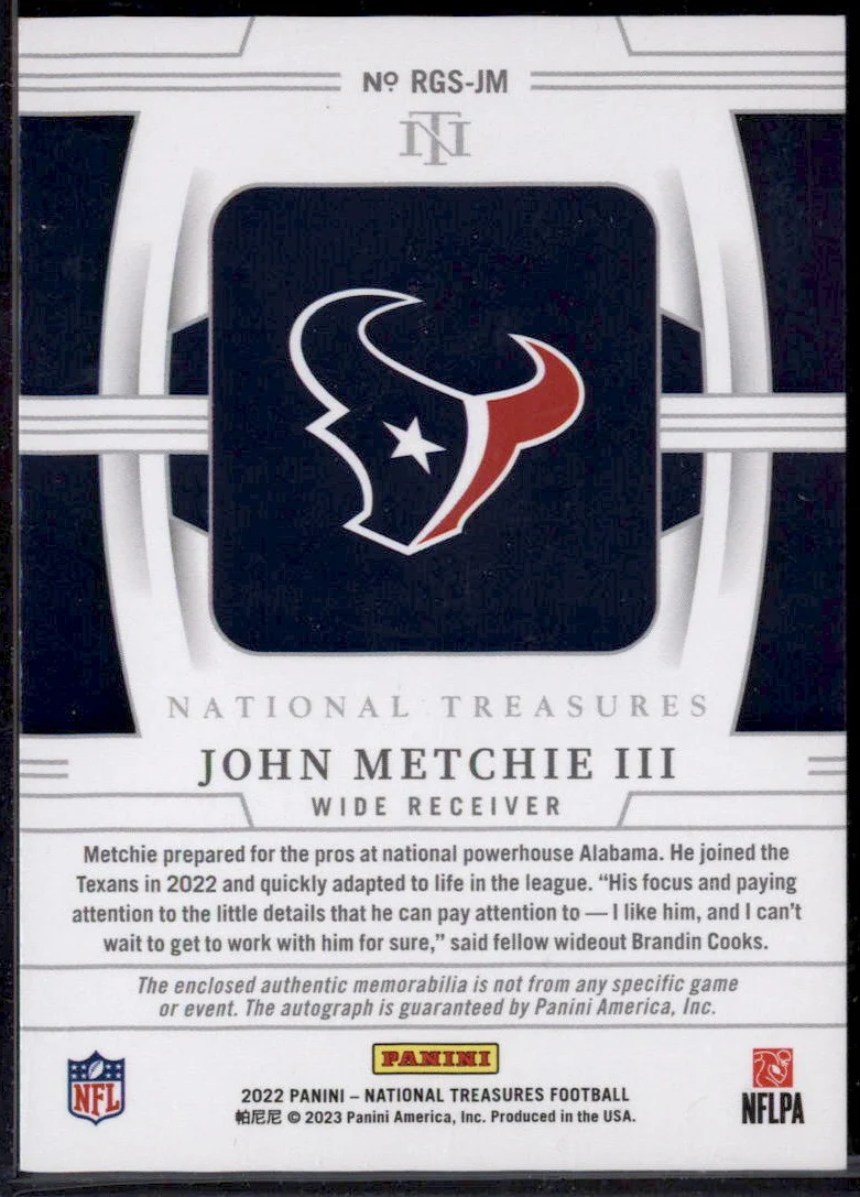 2022 National Treasures Rookie NFL Gear Auto Combos John Metchie III RC /49 - Image 2