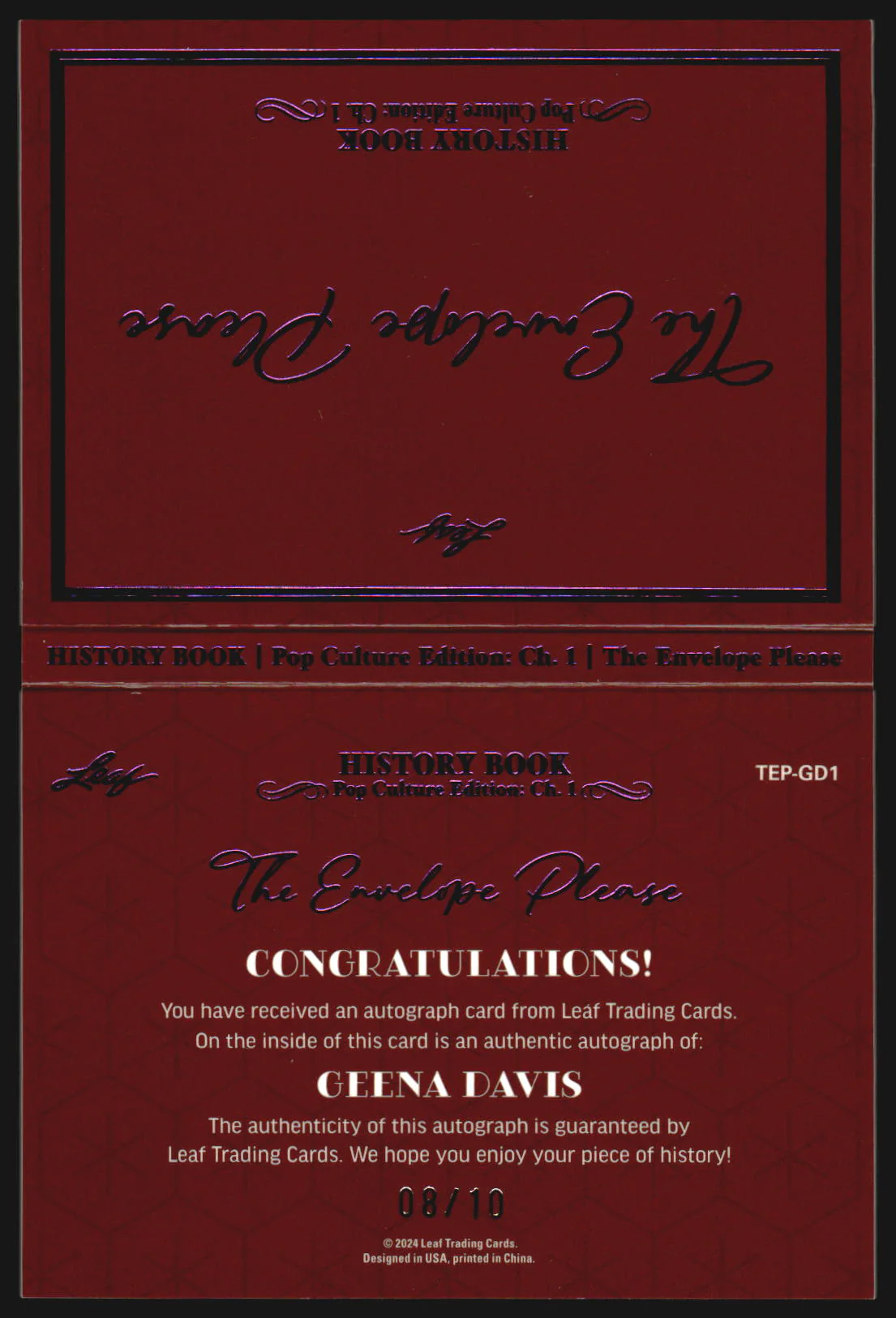 2024 Leaf History Book The Envelope Please Purple Autograph Geena Davis Auto /10 - Image 2