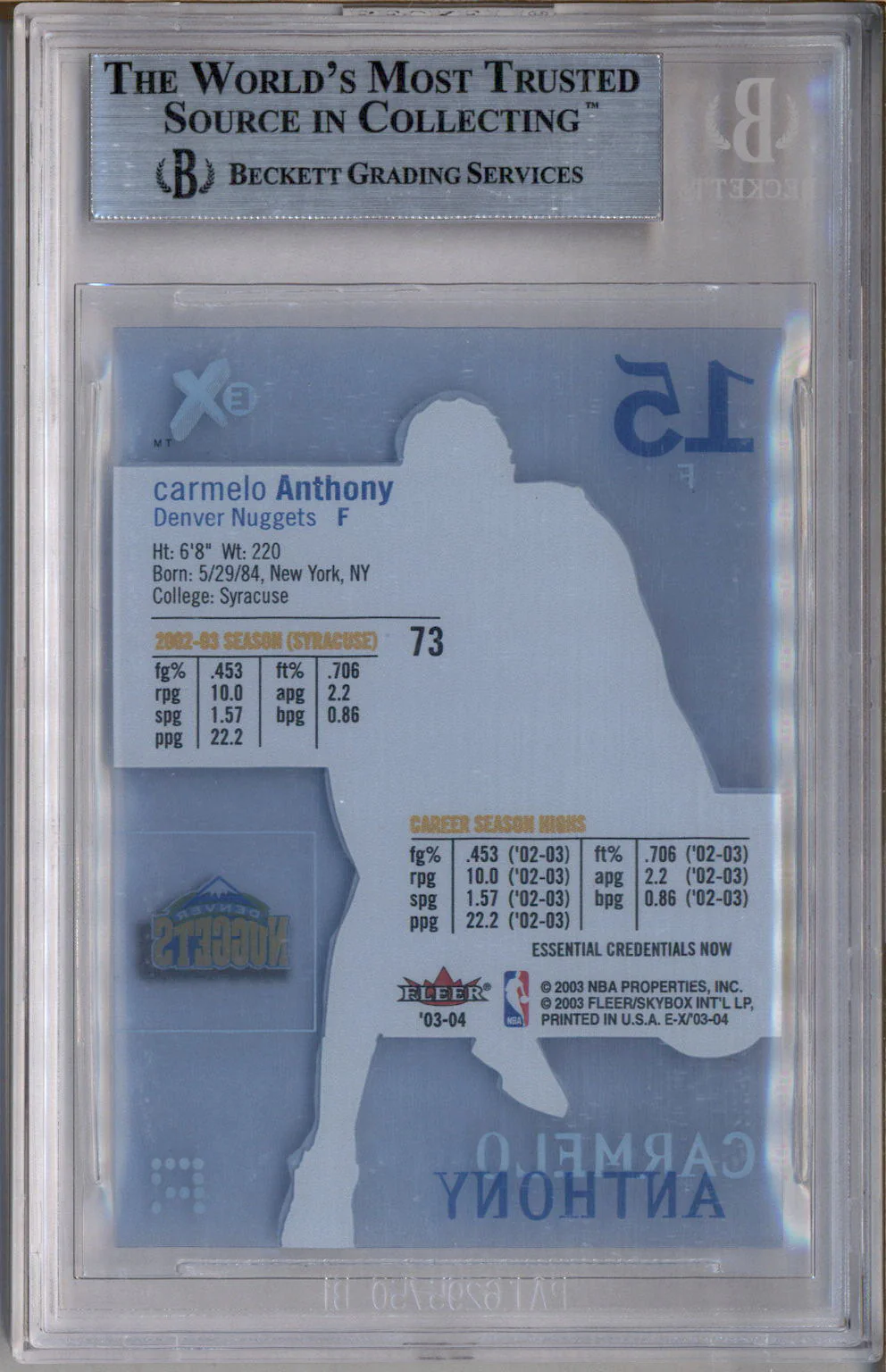 2003 EX Essential Credentials Now #73 Carmelo Anthony RC Rookie /73 BGS 8.5 - Image 2
