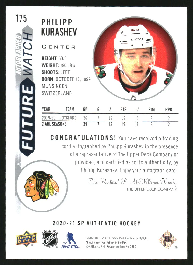 2020-21 SP Authentic #175 Philipp Kurashev Rookie Autograph RC Auto /999 - Image 2
