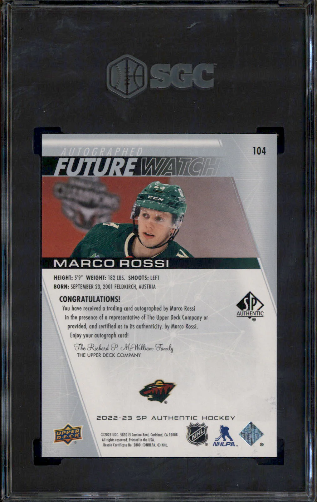 2022-23 UD SP Authentic Future Watch Autograph Marco Rossi Auto /999 SGC 9.5 - Image 2