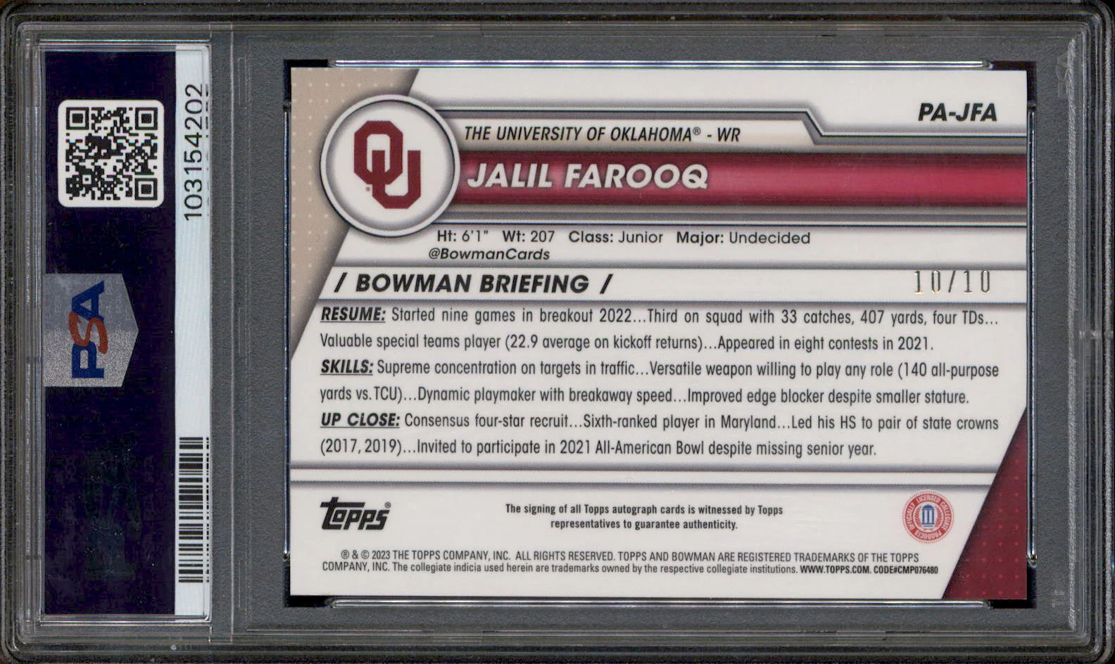 2023 Bowman Chrome University Sapphire Black Jalil Farooq RC Auto /10 PSA 9 - Image 2
