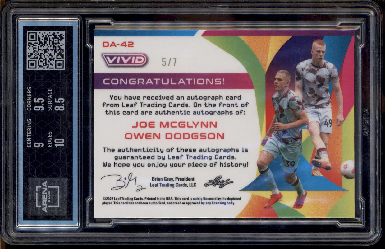 2022 Leaf Vivid Dual Auto Yellow Gray Joe McGlynn Owen Dodgson /7 Arena Club 9 - Image 2