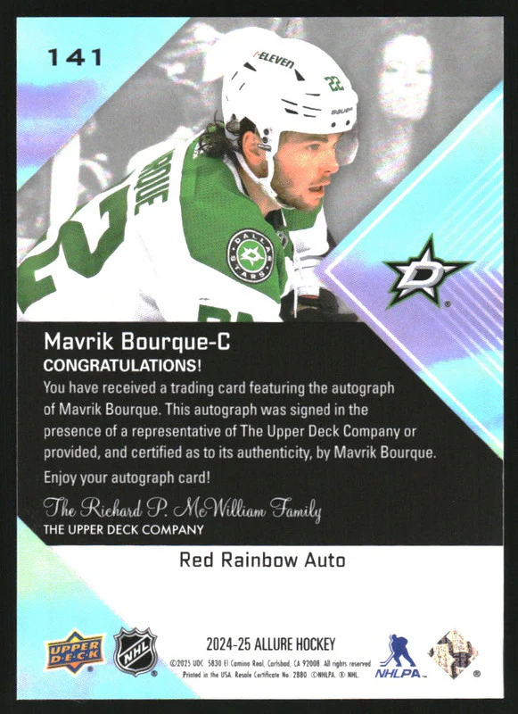 2024-25 Upper Deck Allure Autographs Red Rainbow #141 Mavrik Bourque RC Auto - Image 2