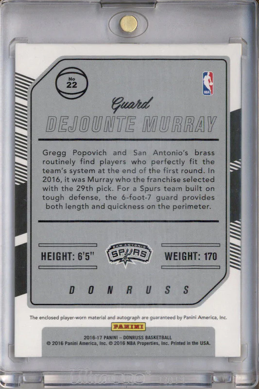 2016-17 Donruss Rookie Materials Signatures Prime Dejounte Murray RC Auto /10 - Image 2