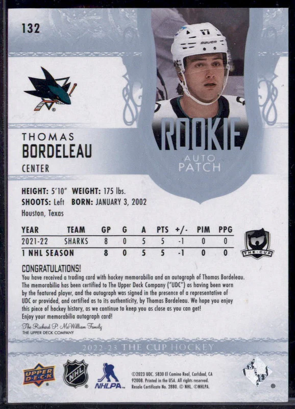 2022-23 Upper Deck The Cup #132 Thomas Bordeleau Memorabilia RC Auto /249 - Image 2