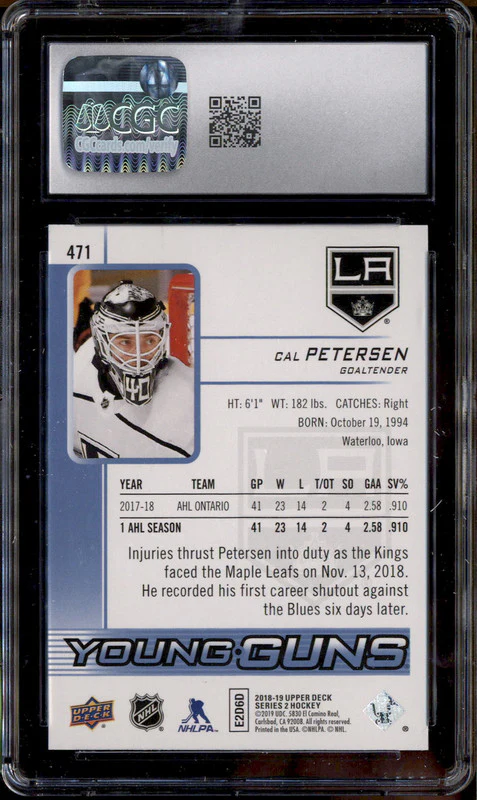 2018-19 Upper Deck Speckled Rainbow Foil Young Guns #471 Cal Petersen RC CGC 10 - Image 2