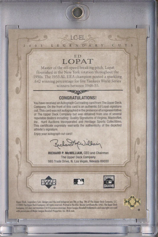 2005 SP Legendary Cuts Autograph Cuts #EL Ed Lopat Auto /11 - Image 2