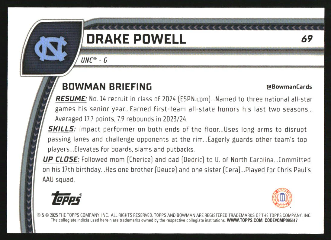2024 Bowman University Chrome Reptilian Orange Refractor #69 Drake Powell RC /25 - Image 2