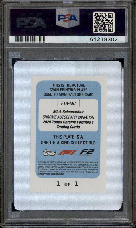 2020 Topps Chrome Formula 1 Auto Cyan Plate Mick Schumacher 1/1 PSA Authentic - Image 2