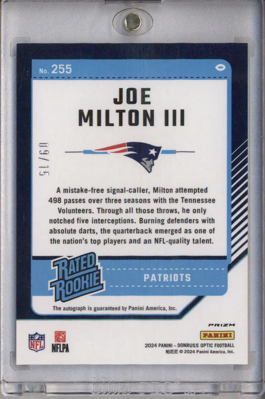 2024 Donruss Optic Rated Rookies RPS Autographs Ice Joe Milton III RC Auto /15 - Image 2